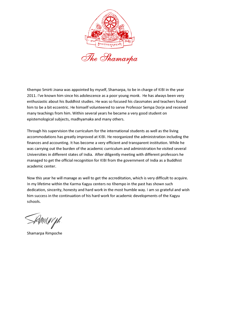H.H. Kunzig Shamar Rinpoche’s appreciation letter for KIBI’s Present development