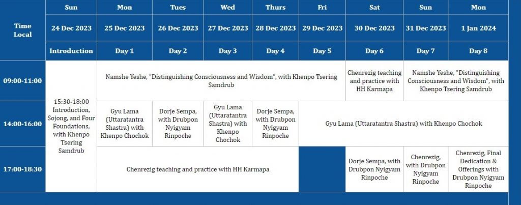 Streaming schedule for the Public Meditation Course 2023